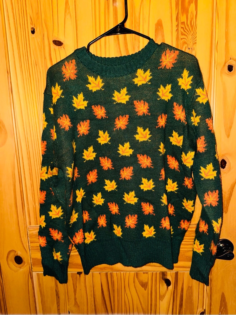 Kiel James Patrick Dark Green Crewneck Sweater with Yellow & Orange Leaf Pattern - Picture 1 of 3
